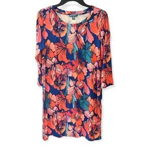 Fleur Bleue M Orange Blue Tiger Lilly Floral Print Relaxed Fit Dress